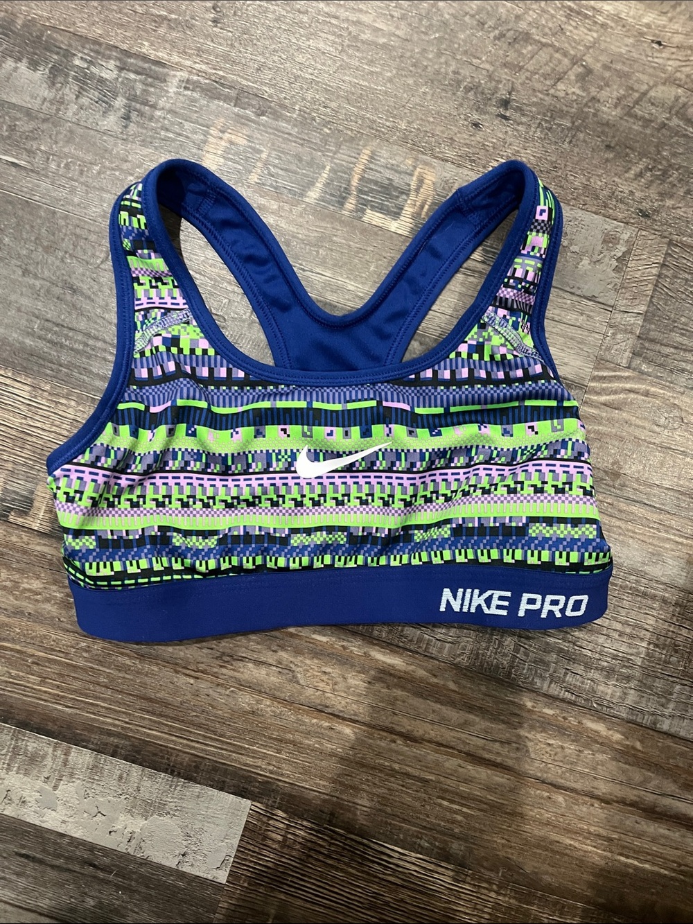 Nike Pro Racerback Sports Bra in Blue with Neon Green and Purple Accents